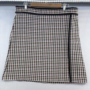 Ann Taylor faux wrap A-line houndstooth plaid faux leather trim skirt womens 16
